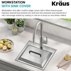 15” Outdoor Drop In / Top Mount 16-Gauge Marine Grade T-316 Stainless Steel Single Bowl Workstation Kitchen Sink with Outdoor Sink Cover