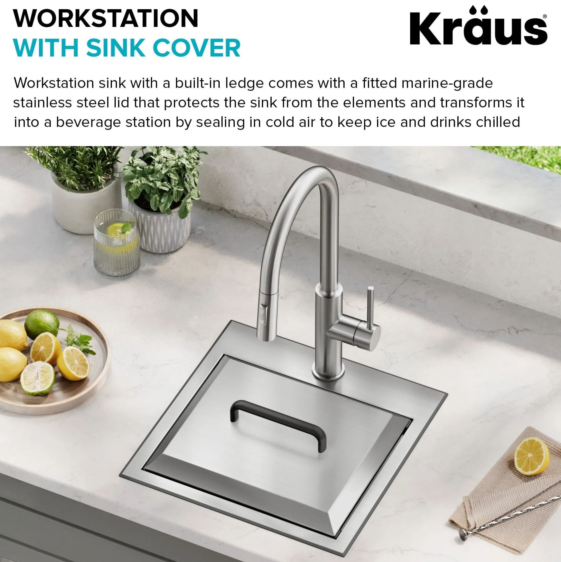 15” Outdoor Drop In / Top Mount 16-Gauge Marine Grade T-316 Stainless Steel Single Bowl Workstation Kitchen Sink with Outdoor Sink Cover