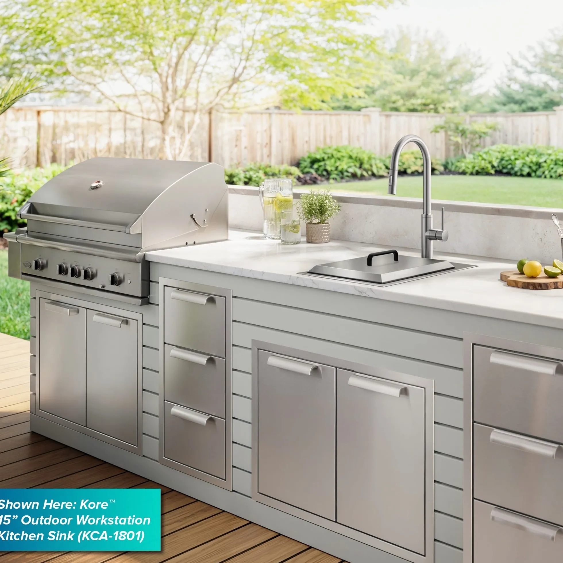 15” Outdoor Drop In / Top Mount 16-Gauge Marine Grade T-316 Stainless Steel Single Bowl Workstation Kitchen Sink with Outdoor Sink Cover