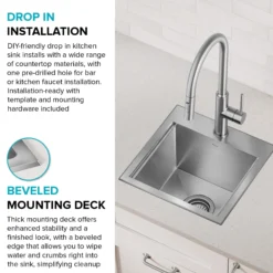 15” Outdoor Drop In / Top Mount 16-Gauge Marine Grade T-316 Stainless Steel Single Bowl Workstation Kitchen Sink with Outdoor Sink Cover