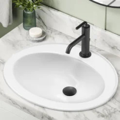 22” Oval Porcelain CeramicSelf-Rimming Drop-InTop MountBathroom Sinkin Whitewith OverflowDrain