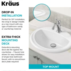20 1/2” Oval Porcelain CeramicSelf-Rimming Drop-InTop MountBathroom Sinkin Whitewith OverflowDrain