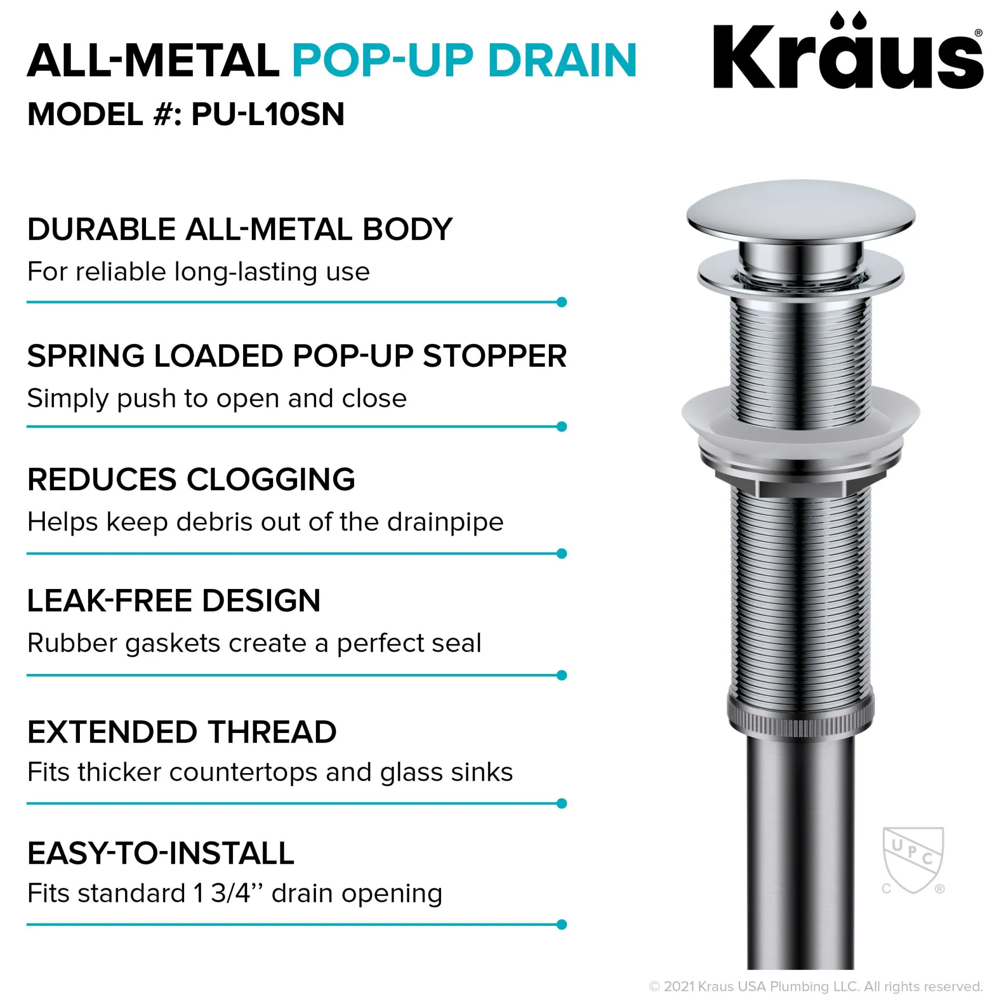 Pop-Up Drain for Bathroom Sink with Extended Threadwithout Overflow in Chrome
