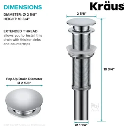 Pop-Up Drain for Bathroom Sink with Extended Threadwithout Overflow in Chrome