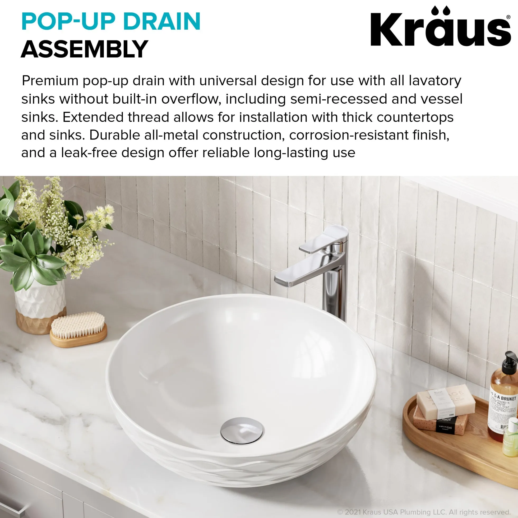 Pop-Up Drain for Bathroom Sink with Extended Threadwithout Overflow in Chrome