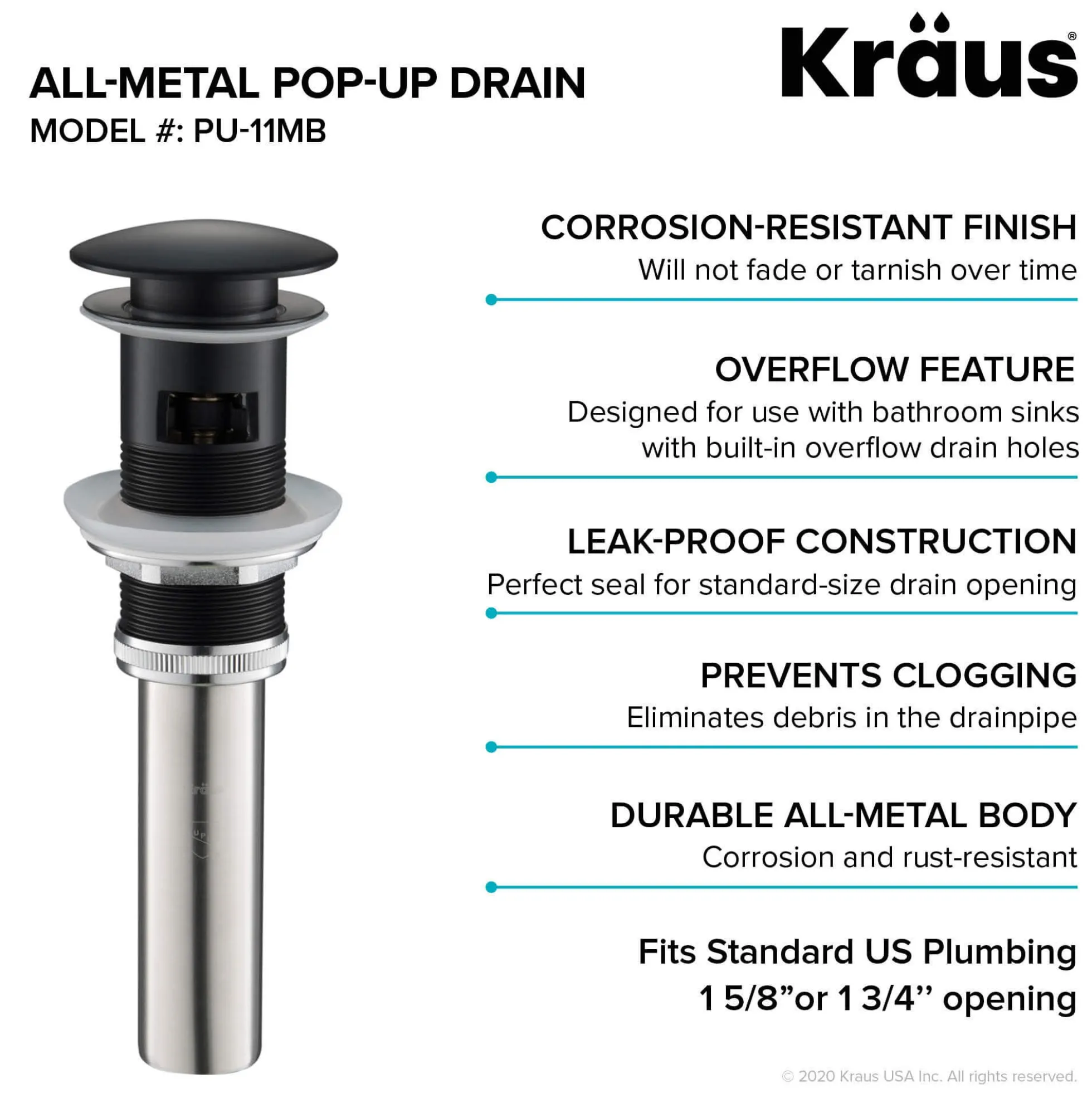 Pop-Up Drain for Bathroom Sink with Overflow in Matte Black