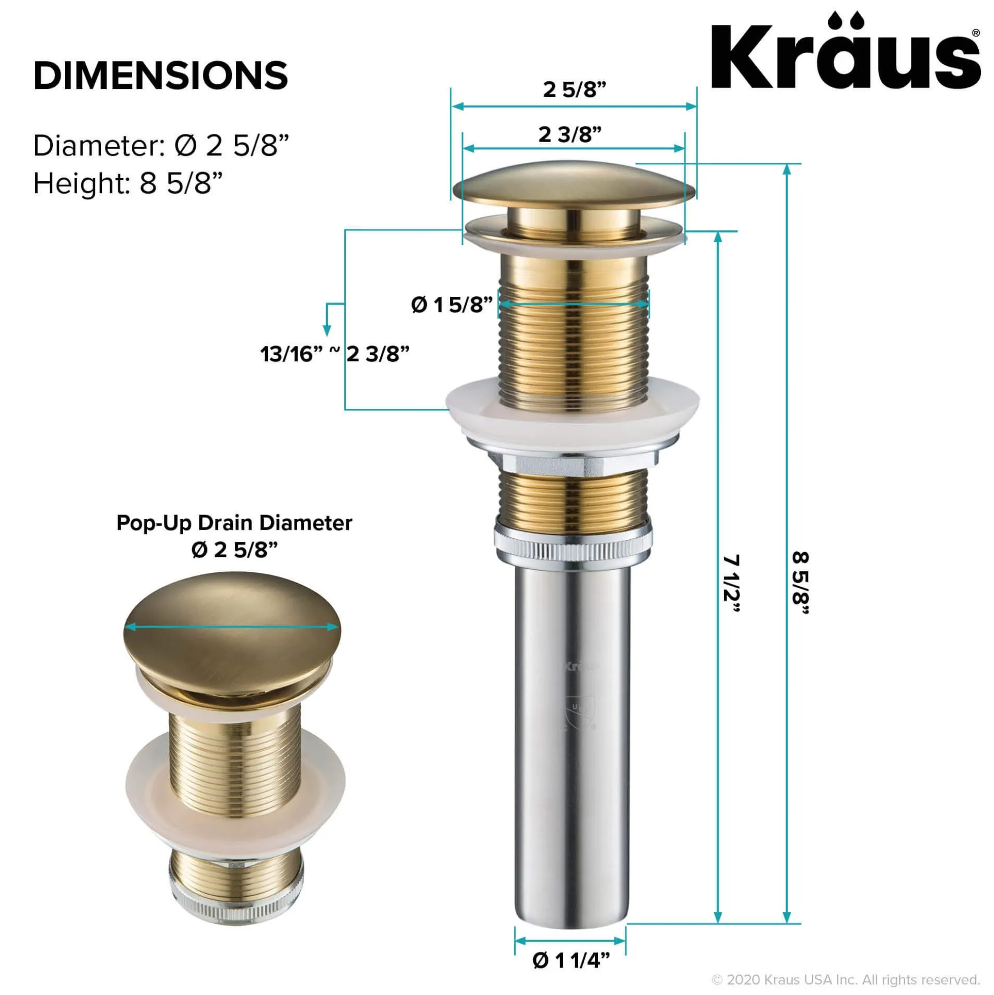 Pop-Up Drain for Bathroom Sinkwithout Overflow in Brushed Gold