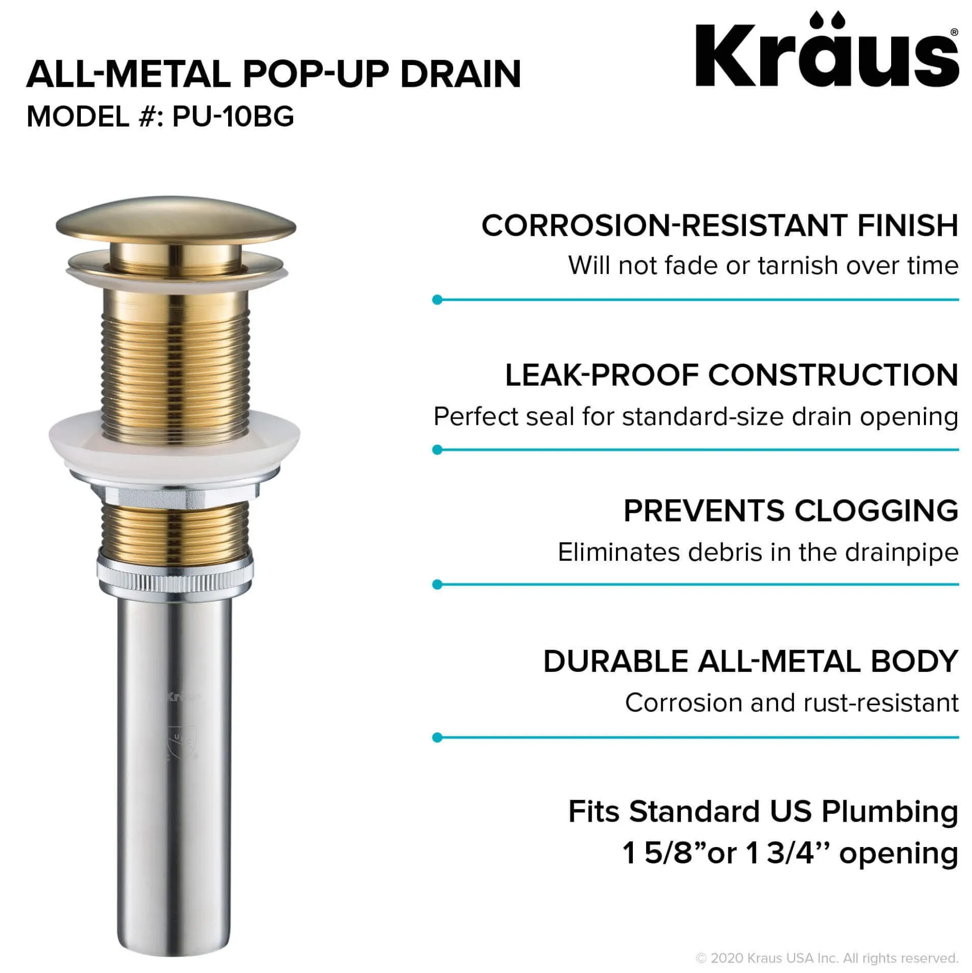 Pop-Up Drain for Bathroom Sinkwithout Overflow in Brushed Gold