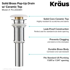 Pop-Up Drain with Porcelain Ceramic Top for Bathroom Sink without Overflow in Gloss White
