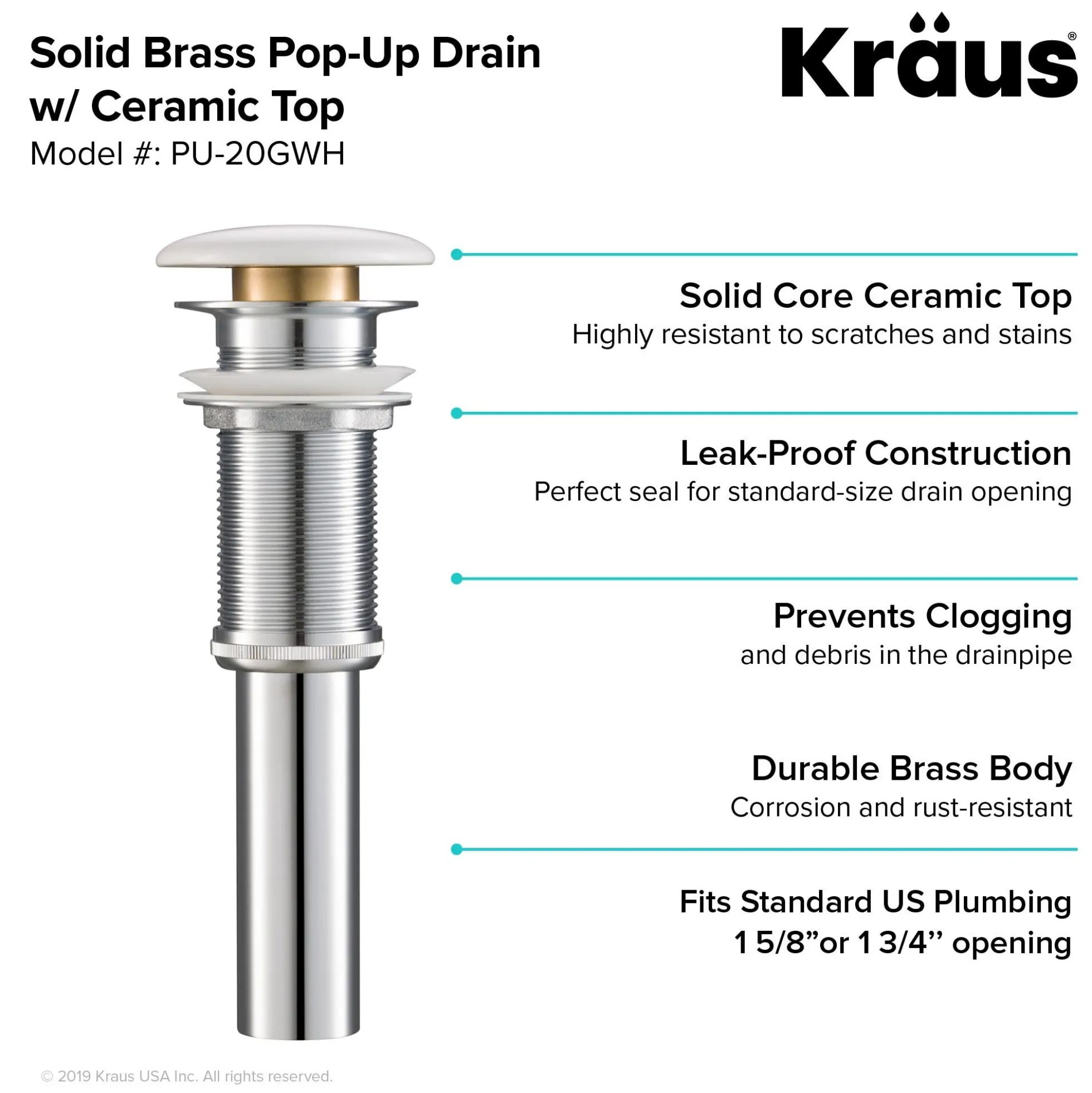 Pop-Up Drain with Porcelain Ceramic Top for Bathroom Sink without Overflow in Gloss White