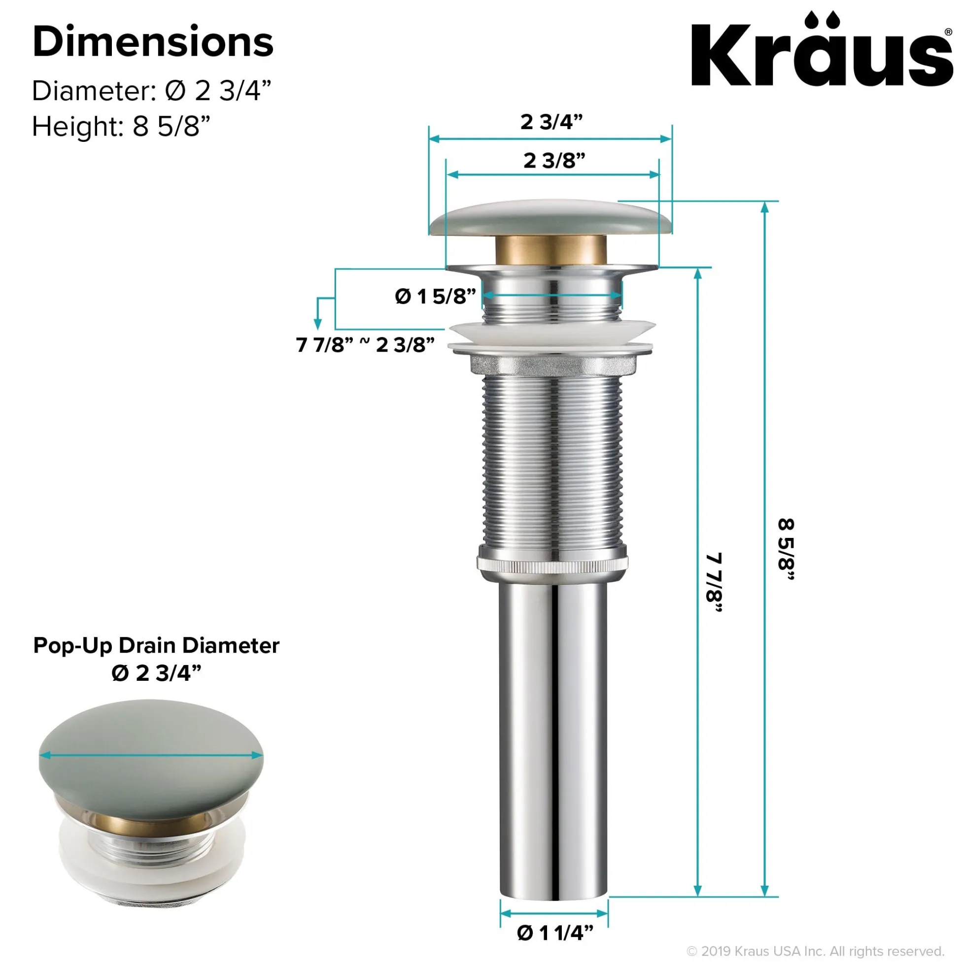 Pop-Up Drain with Porcelain Ceramic Top for Bathroom Sink without Overflow in Gloss Grey