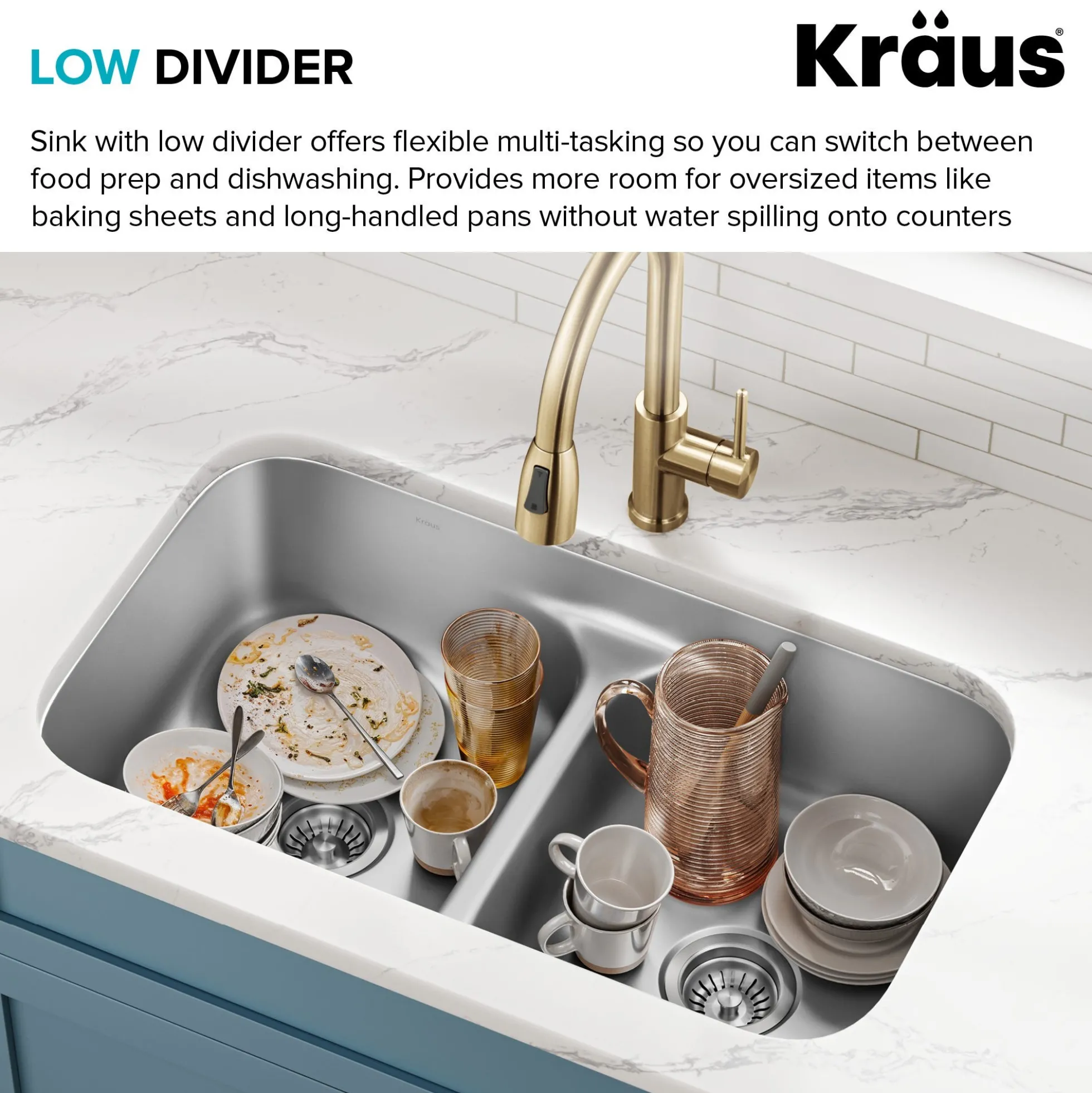 Premier 32” Undermount 50/50 Double Bowl with Low Divider 18-Gauge Stainless Steel Kitchen Sink with WasteGuard™ Continuous Feed Garbage Disposal