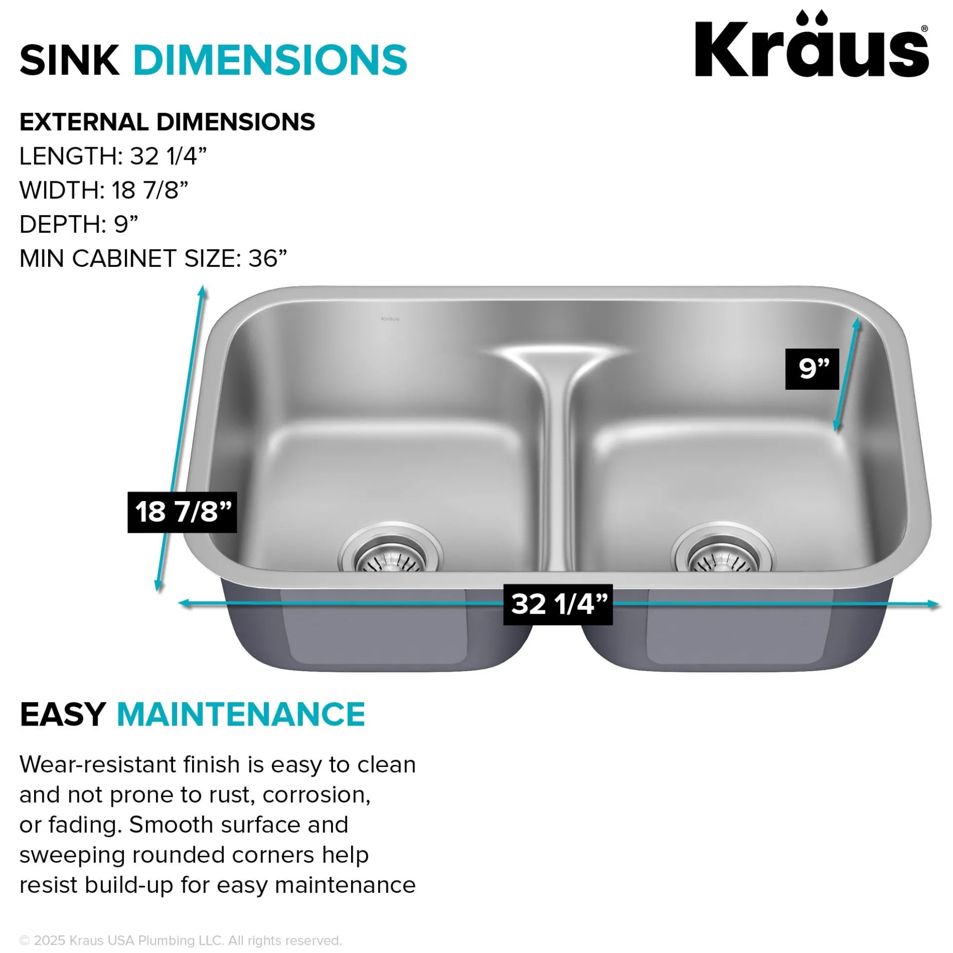 Premier 32” Undermount 50/50 Double Bowl with Low Divider 18-Gauge Stainless Steel Kitchen Sink with WasteGuard™ Continuous Feed Garbage Disposal