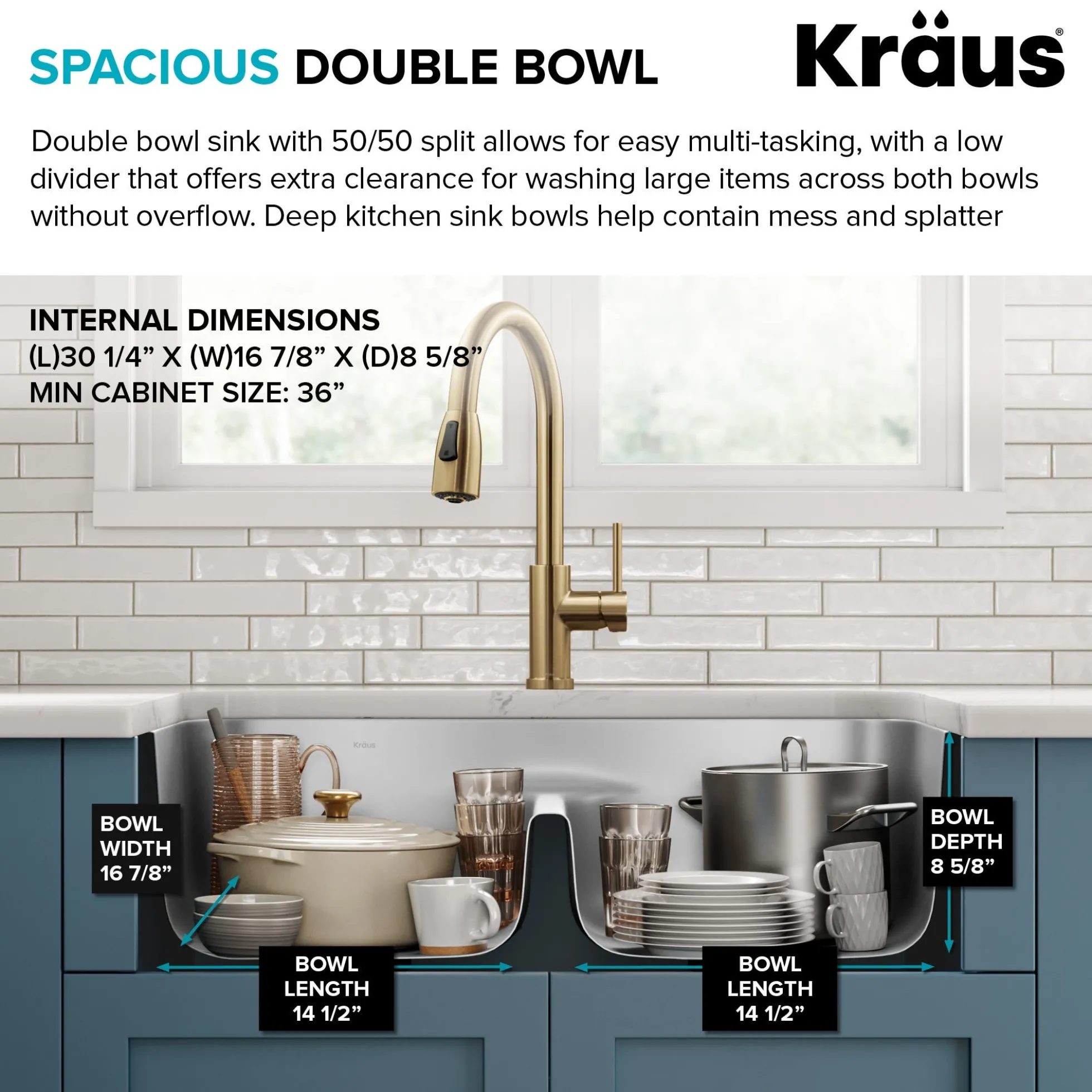 Premier 32” Undermount 50/50 Double Bowl with Low Divider 18-Gauge Stainless Steel Kitchen Sink with WasteGuard™ Continuous Feed Garbage Disposal