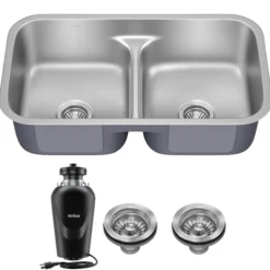 Premier 32” Undermount 50/50 Double Bowl with Low Divider 18-Gauge Stainless Steel Kitchen Sink with WasteGuard™ Continuous Feed Garbage Disposal