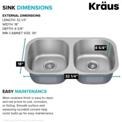 Premier 32” Undermount 50/50 Double Bowl 18-Gauge Stainless Steel Kitchen Sink