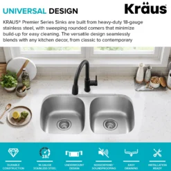 Premier 32” Undermount 50/50 Double Bowl 18-Gauge Stainless Steel Kitchen Sink