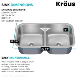 Premier 32” Undermount 50/50 Double Bowl with Low Divider 18-Gauge Stainless Steel Kitchen Sink