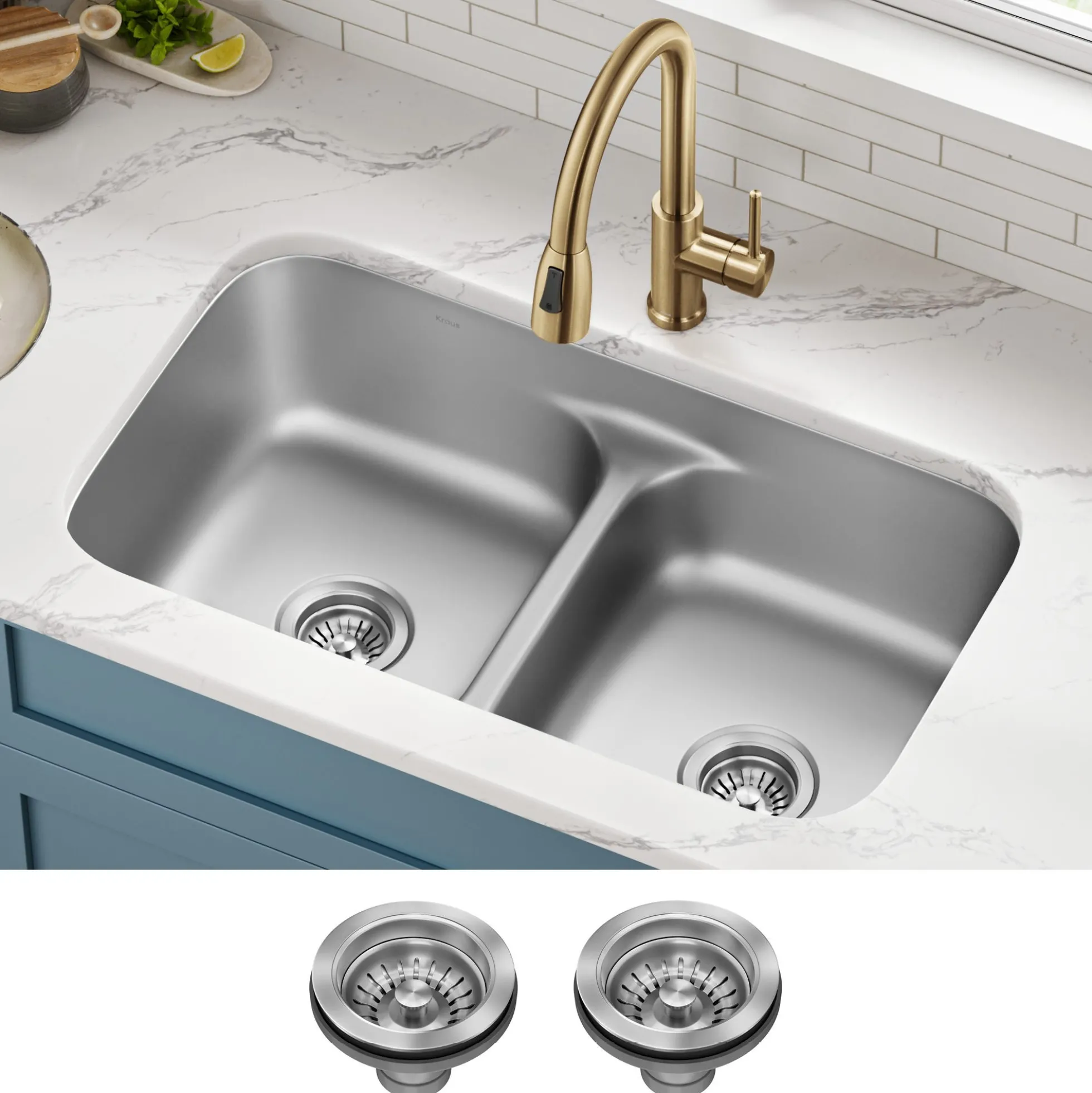 Premier 32” Undermount 50/50 Double Bowl with Low Divider 18-Gauge Stainless Steel Kitchen Sink