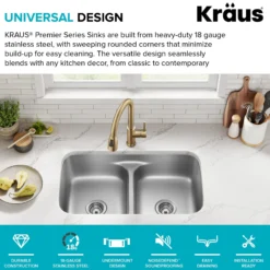 Premier 32” Undermount 50/50 Double Bowl with Low Divider 18-Gauge Stainless Steel Kitchen Sink