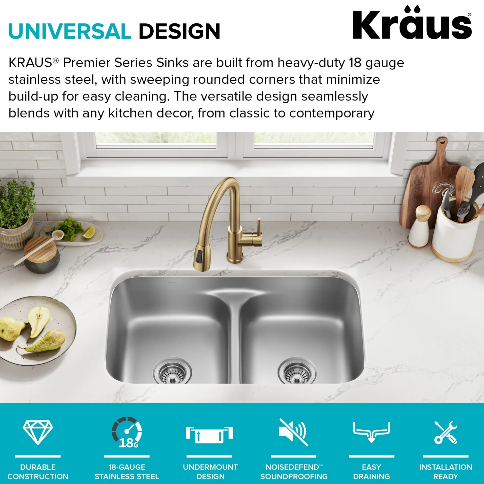 Premier 32” Undermount 50/50 Double Bowl with Low Divider 18-Gauge Stainless Steel Kitchen Sink