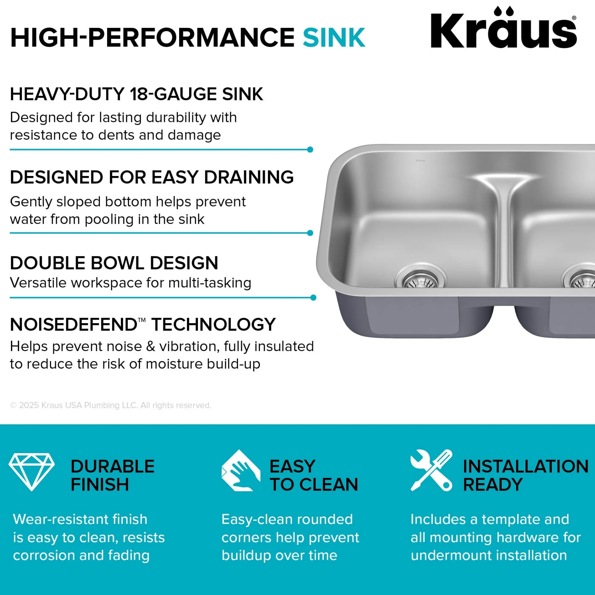 Premier 32” Undermount 50/50 Double Bowl with Low Divider 18-Gauge Stainless Steel Kitchen Sink