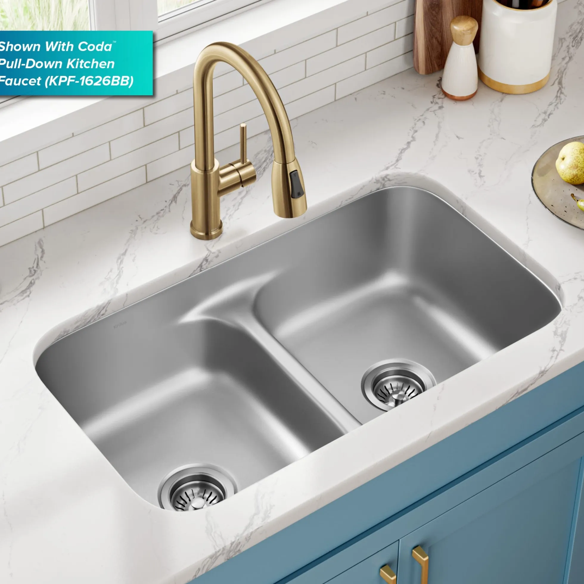 Premier 32” Undermount 50/50 Double Bowl with Low Divider 18-Gauge Stainless Steel Kitchen Sink