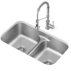 Premier 32” Undermount 50/50 Double Bowl 18-Gauge Stainless Steel Kitchen Sink and Commercial Style Pull Down Faucet in Spot-Free Stainless Steel