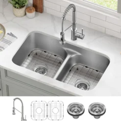 Premier 32” Undermount 50/50 Double Bowl 18-Gauge Stainless Steel Kitchen Sink and Commercial Style Pull Down Faucet in Spot-Free Stainless Steel