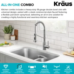 Premier 32” Undermount 50/50 Double Bowl 18-Gauge Stainless Steel Kitchen Sink and Commercial Style Pull Down Faucet in Spot-Free Stainless Steel