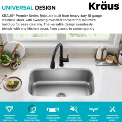 Premier 31 1/2” Undermount Single Bowl 18-Gauge Stainless Steel Kitchen Sink