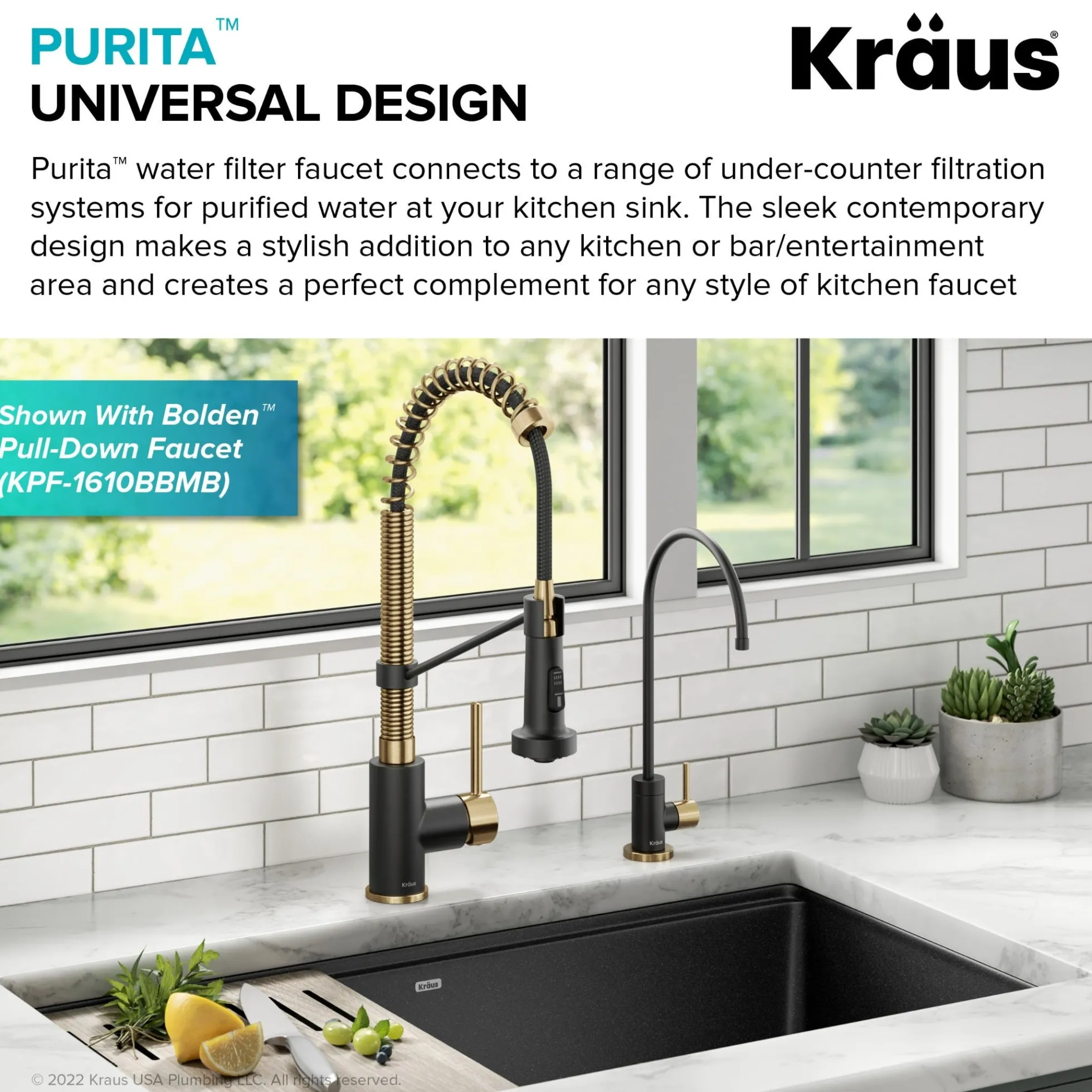 Purita 100% Lead-Free Kitchen Water Filter Faucet in Brushed Brass/Matte Black