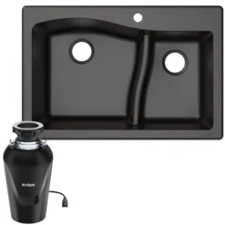Quarza™ 33” Dual Mount 60/40 Double Bowl Granite Kitchen Sink in Black with WasteGuard™ Continuous Feed Garbage Disposal