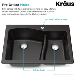 Quarza™ 33” Dual Mount 60/40 Double Bowl Granite Kitchen Sink in Black with WasteGuard™ Continuous Feed Garbage Disposal
