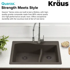 Quarza™ 33” Dual Mount 60/40 Double Bowl Granite Kitchen Sink in Black with WasteGuard™ Continuous Feed Garbage Disposal