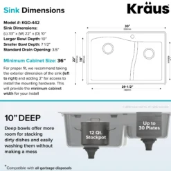 Quarza™ 33” Dual Mount 60/40 Double Bowl Granite Kitchen Sink in Black with WasteGuard™ Continuous Feed Garbage Disposal