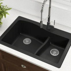 Quarza™ 33” Dual Mount 60/40 Double Bowl Granite Kitchen Sink in Black with WasteGuard™ Continuous Feed Garbage Disposal