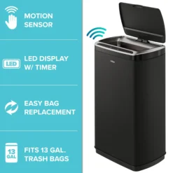 Rectangular 13 Gallon Touchless Motion Sensor Trash Can in Matte Black Finish withSoftShut Lid