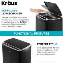 Rectangular 13 Gallon Touchless Motion Sensor Trash Can in Matte Black Finish withSoftShut Lid