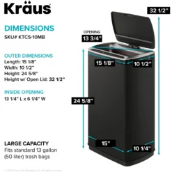 Rectangular 13 Gallon Touchless Motion Sensor Trash Can in Matte Black Finish withSoftShut Lid