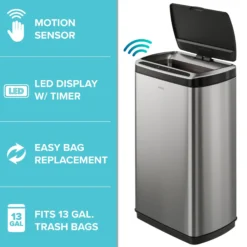 Rectangular 13 Gallon Touchless Motion Sensor Trash Can in Fingerprint Resistant Stainless Steel Finish withSoftShut Lid