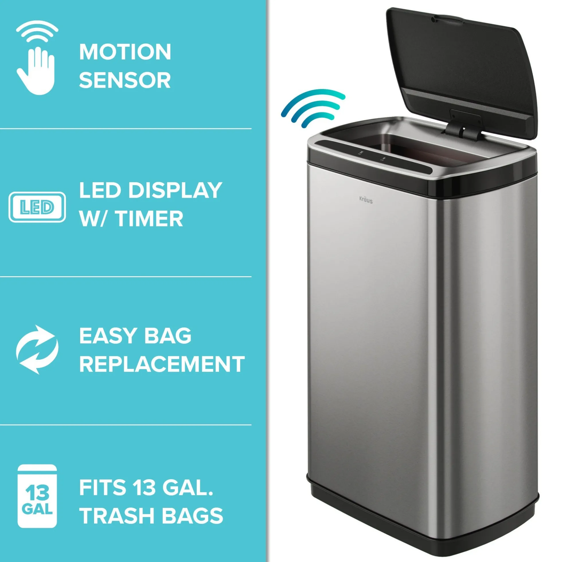 Rectangular 13 Gallon Touchless Motion Sensor Trash Can in Fingerprint Resistant Stainless Steel Finish withSoftShut Lid