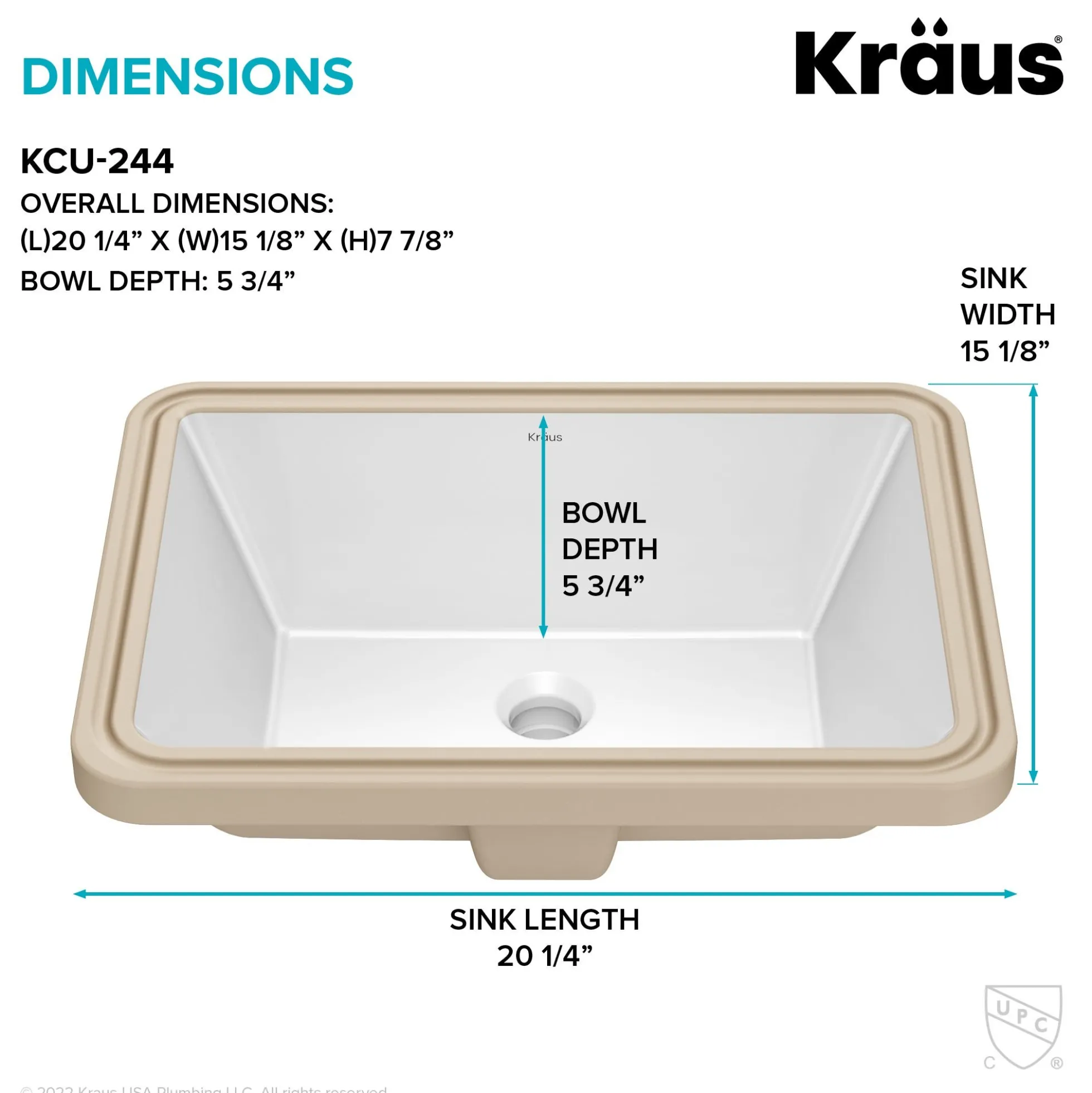 20 1/4" RectangularPorcelain CeramicUndermountBathroom Sinkin Whitewith OverflowDrain