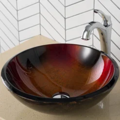 Red/Black/Gold Glass Vessel 17" Bathroom Sink