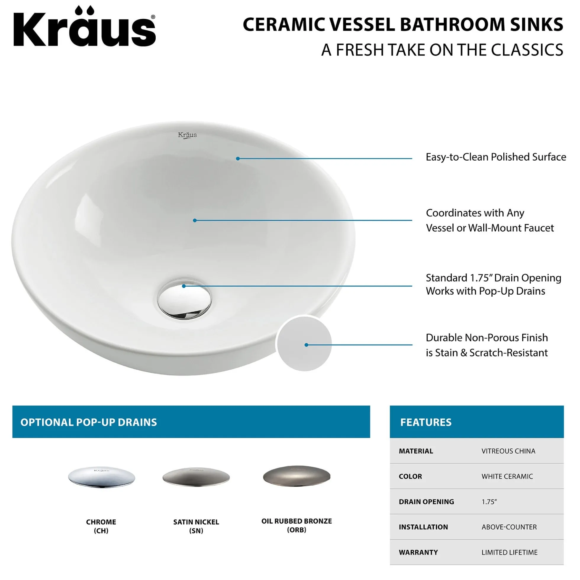 16" Round Vessel Ceramic Bathroom Sink in White with Pop-Up Drain in Oil Rubbed Bronze
