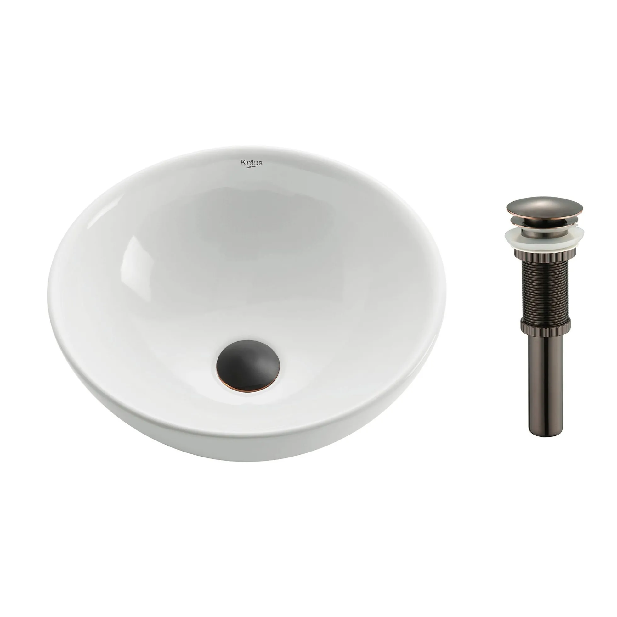 16" Round Vessel Ceramic Bathroom Sink in White with Pop-Up Drain in Oil Rubbed Bronze