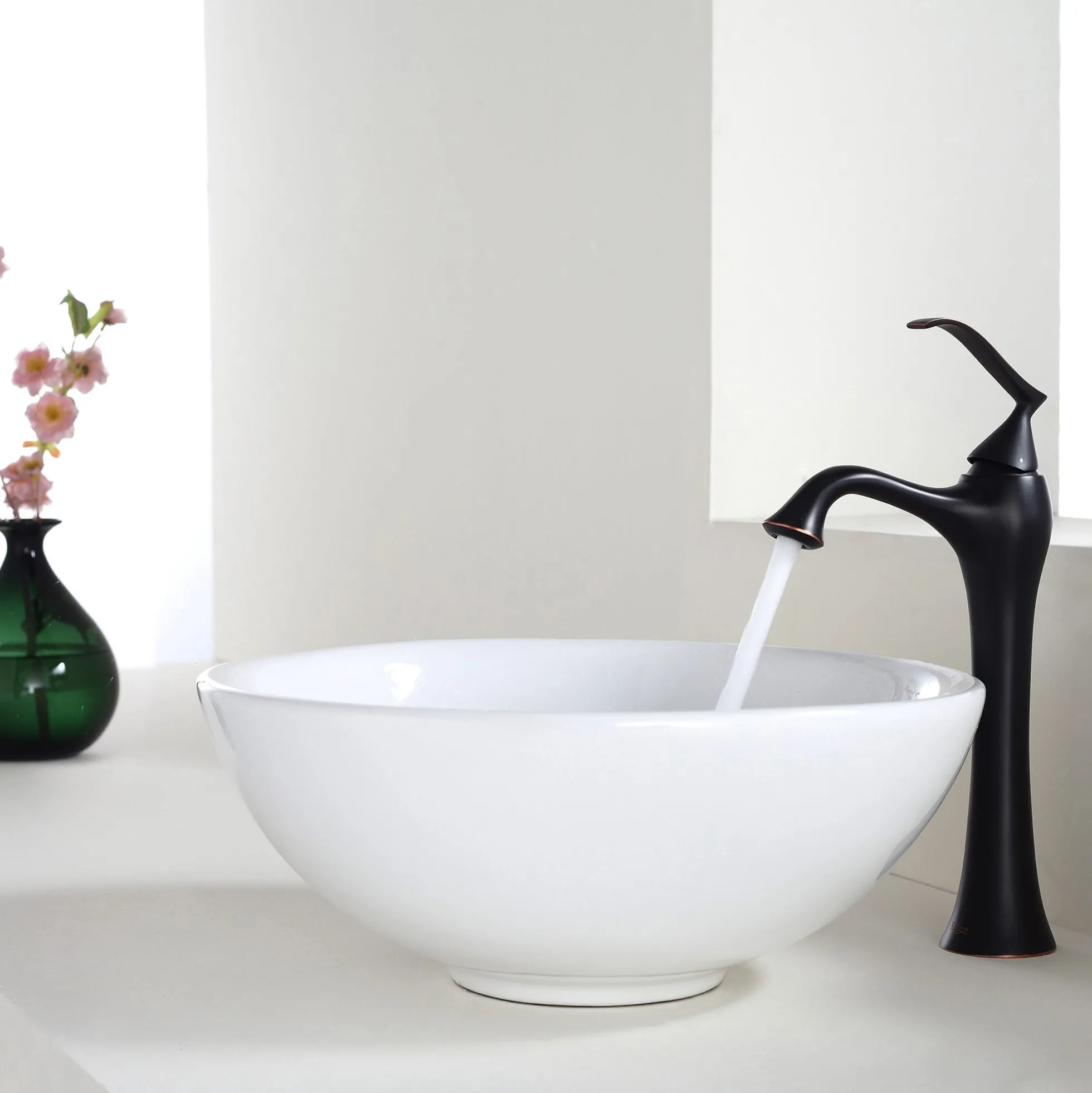 16" Round Vessel Ceramic Bathroom Sink in White with Pop-Up Drain in Oil Rubbed Bronze