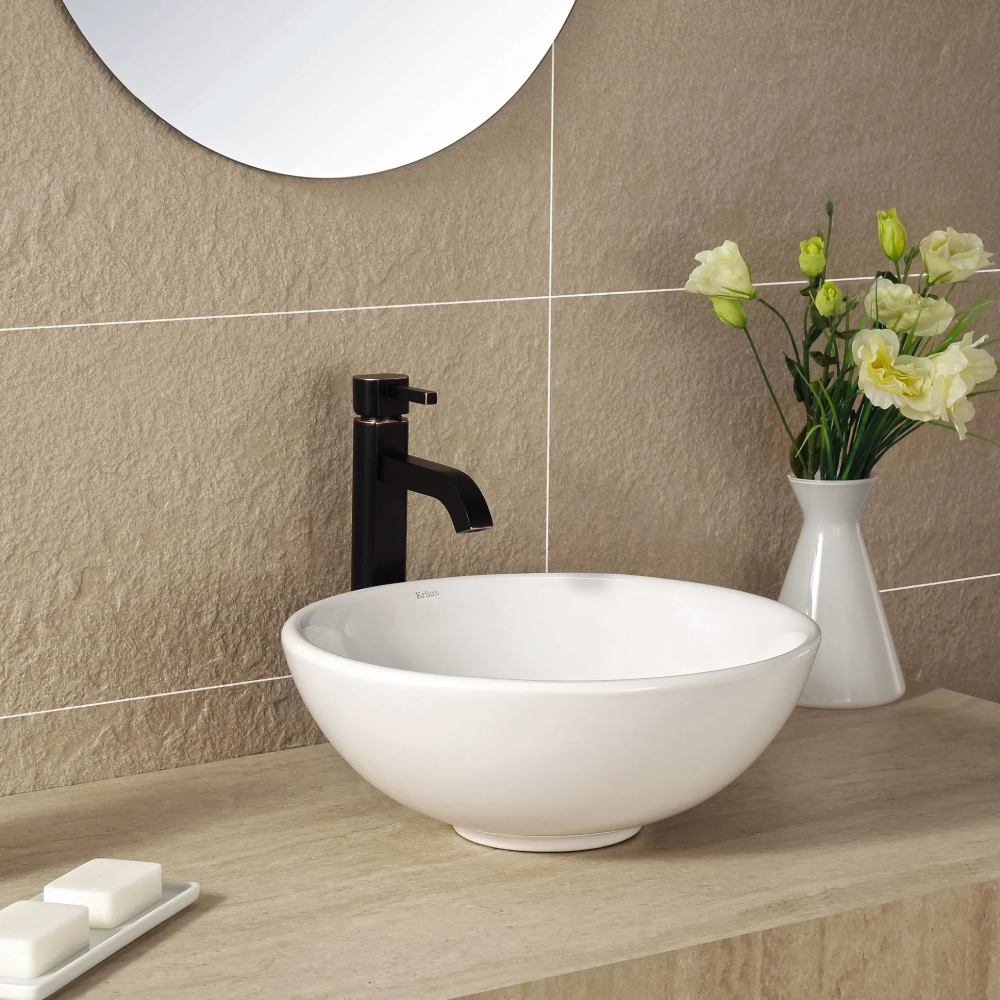 16" Round Vessel Ceramic Bathroom Sink in White with Pop-Up Drain in Oil Rubbed Bronze