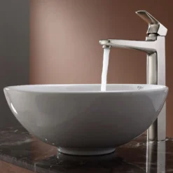 16" Round Vessel Ceramic Bathroom Sink in White with Pop-Up Drain in Satin Nickel