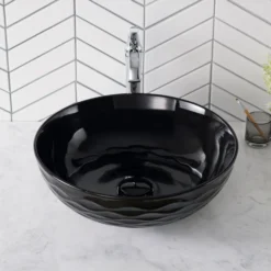16 1/2" Round Vessel Ceramic Bathroom Sink in Black with Pop-Up Drain